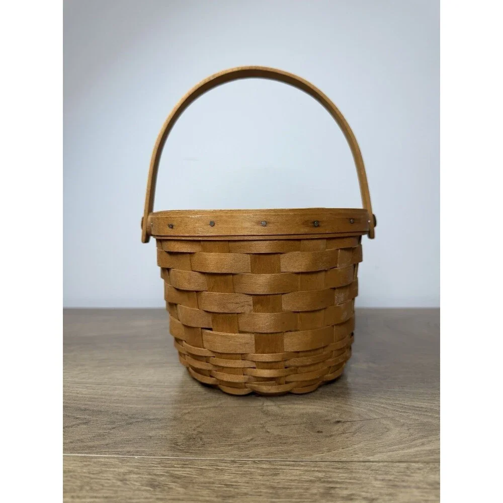 Vtg Longaberger Round Basket 1996 Swing Handle Handwoven Storage Classic Stain